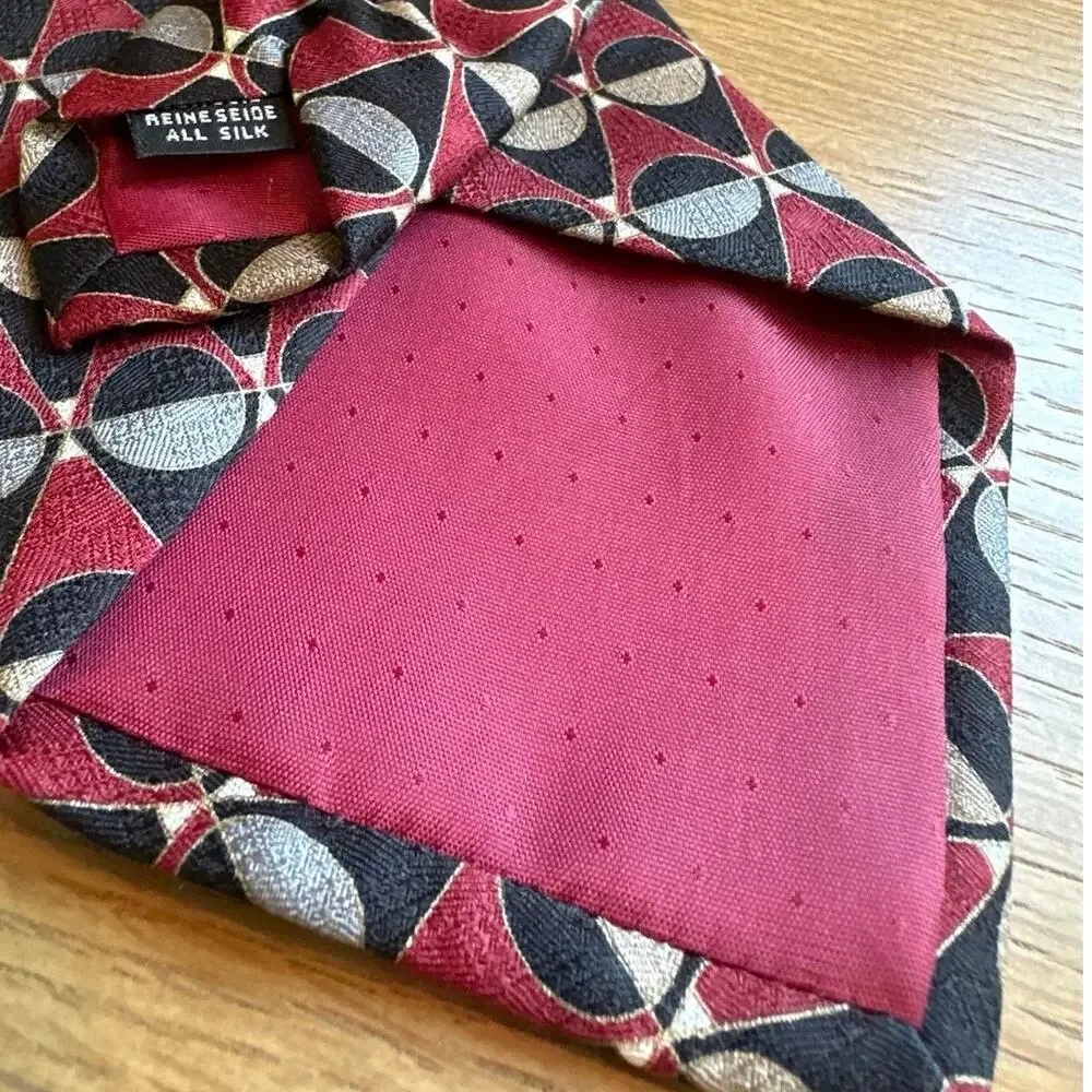 Bachrach Geometric 100% Silk Tie Burgundy Black Gray Tan